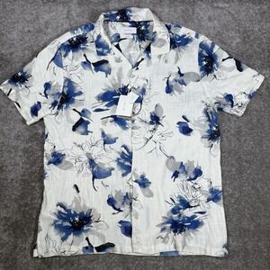 NWT Porter & Ash Shirt Men's Large Blue Floral Linen Blend Button Up Camp Collar